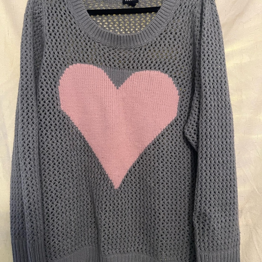 Torrid Gray and Pink Crew Neck Sweater with Heart Design